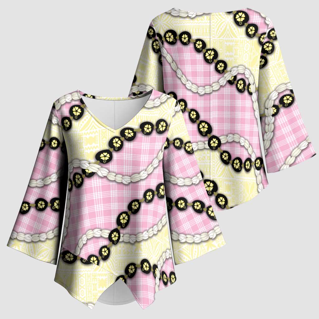 Pink Palaka Hawaii Kimono Sleeve Blouse Kukui Nut Pikake Lei Hawaiian Tapa Pattern - Polynesian Pride
