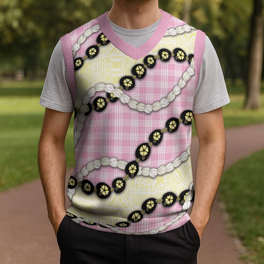 Pink Palaka Hawaii Christmas Knitted V-Neck Vest Kukui Nut Pikake Lei Hawaiian Tapa Pattern - Polynesian Pride