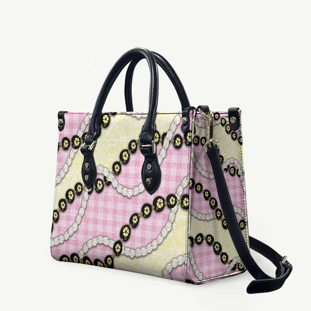 Pink Palaka Hawaii Leather Bag Kukui Nut Pikake Lei Hawaiian Tapa Pattern - Polynesian Pride