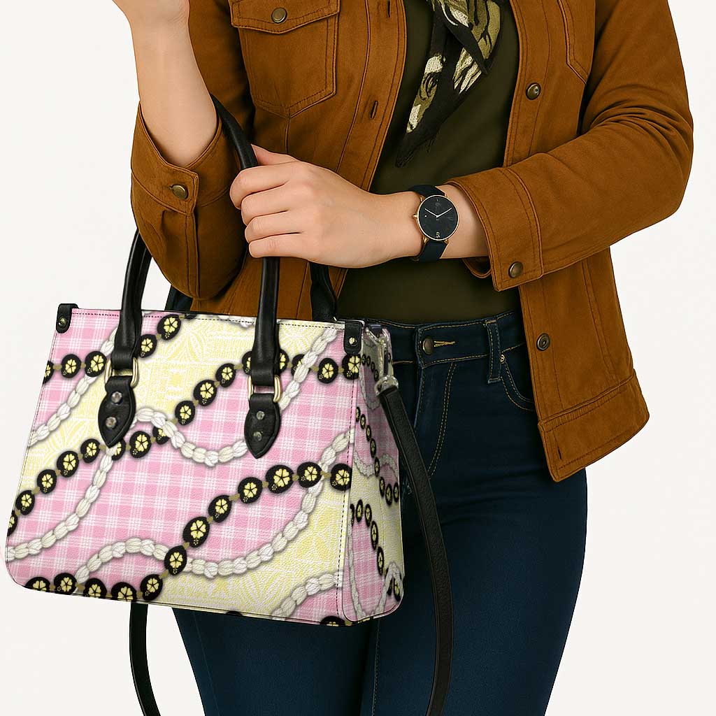 Pink Palaka Hawaii Leather Bag Kukui Nut Pikake Lei Hawaiian Tapa Pattern - Polynesian Pride
