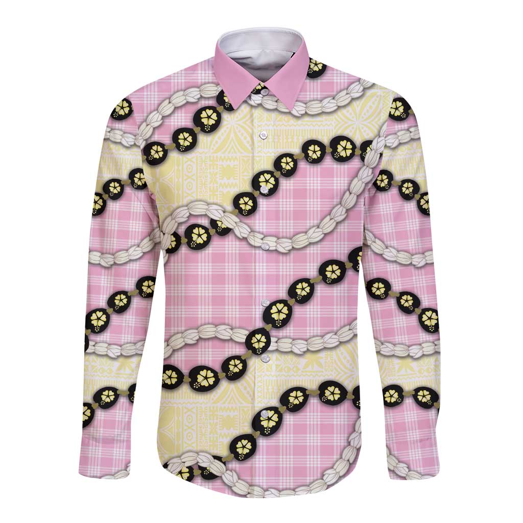 Pink Palaka Hawaii Long Sleeve Button Shirt Kukui Nut Pikake Lei Hawaiian Tapa Pattern - Polynesian Pride