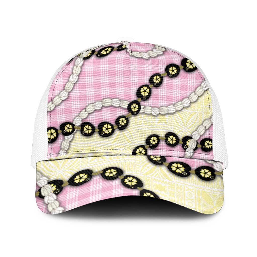 Pink Palaka Hawaii Mesh Trucker Cap Kukui Nut Pikake Lei Hawaiian Tapa Pattern - Polynesian Pride