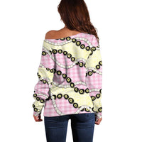 Pink Palaka Hawaii Off Shoulder Sweater Kukui Nut Pikake Lei Hawaiian Tapa Pattern - Polynesian Pride