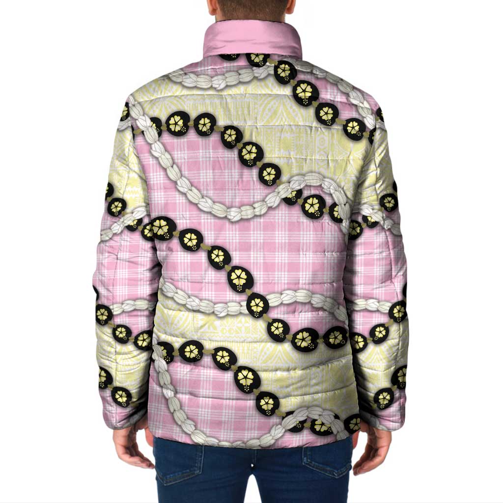 Pink Palaka Hawaii Padded Jacket Kukui Nut Pikake Lei Hawaiian Tapa Pattern - Polynesian Pride