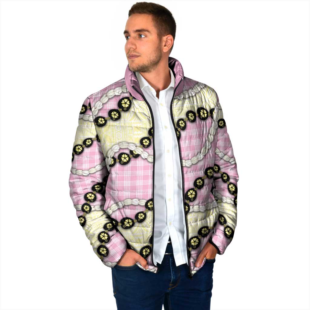 Pink Palaka Hawaii Padded Jacket Kukui Nut Pikake Lei Hawaiian Tapa Pattern - Polynesian Pride