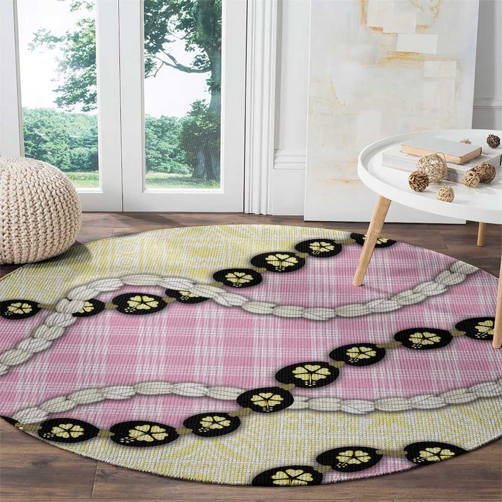 Pink Palaka Hawaii Round Carpet Kukui Nut Pikake Lei Hawaiian Tapa Pattern - Polynesian Pride