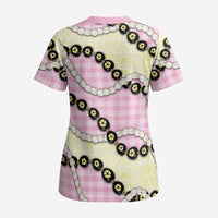 Pink Palaka Hawaii Scrub Top Kukui Nut Pikake Lei Hawaiian Tapa Pattern - Polynesian Pride