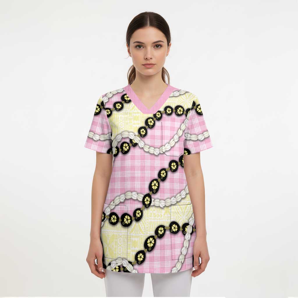 Pink Palaka Hawaii Scrub Top Kukui Nut Pikake Lei Hawaiian Tapa Pattern - Polynesian Pride