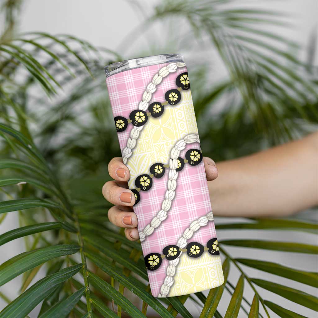 Pink Palaka Hawaii Skinny Tumbler Kukui Nut Pikake Lei Hawaiian Tapa Pattern - Polynesian Pride