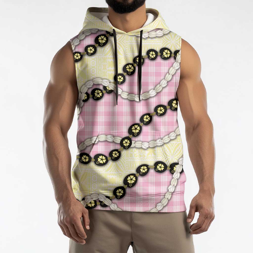 Pink Palaka Hawaii Sleeveless Hoodie Kukui Nut Pikake Lei Hawaiian Tapa Pattern - Polynesian Pride