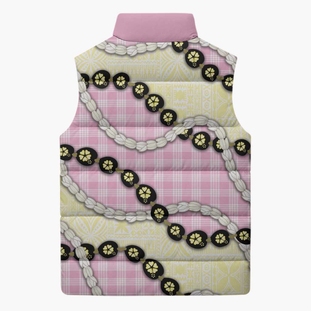 Pink Palaka Hawaii Sleeveless Puffer Jacket Kukui Nut Pikake Lei Hawaiian Tapa Pattern - Polynesian Pride