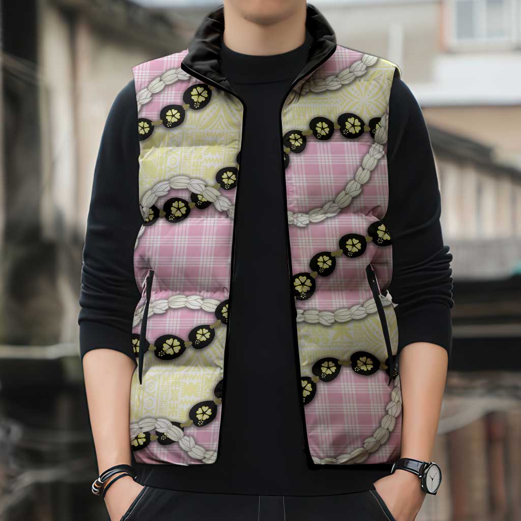 Pink Palaka Hawaii Sleeveless Puffer Jacket Kukui Nut Pikake Lei Hawaiian Tapa Pattern - Polynesian Pride