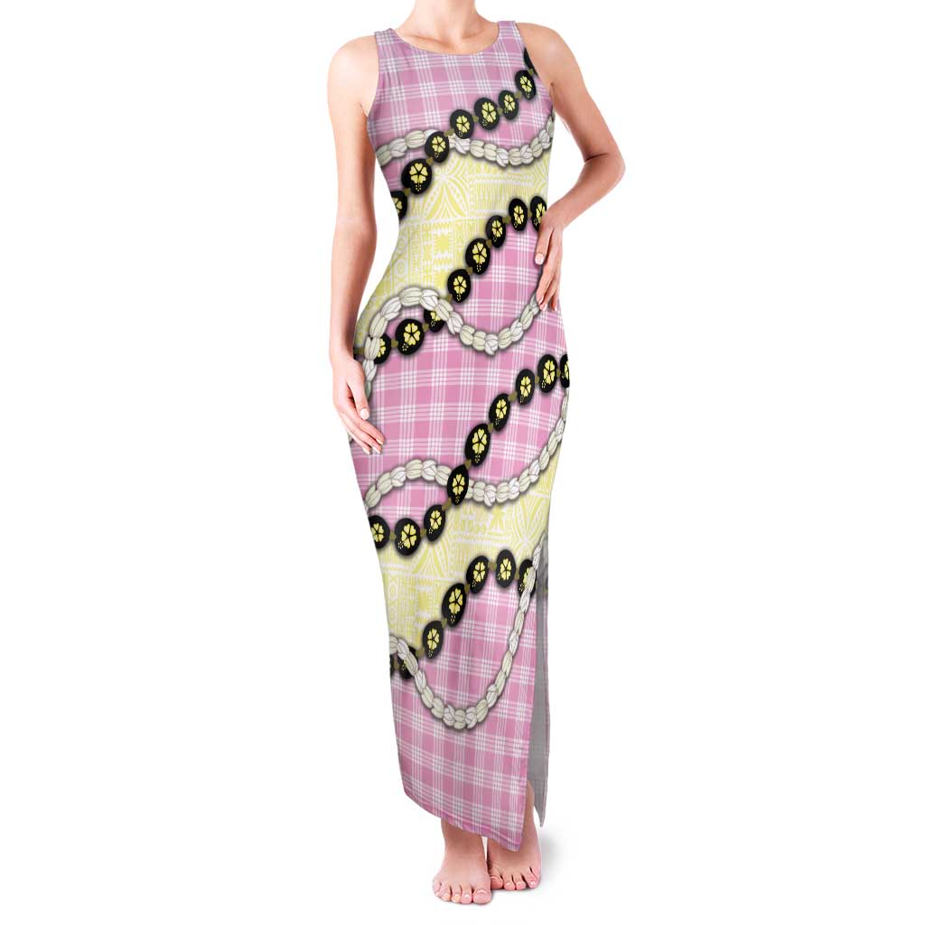 Pink Palaka Hawaii Tank Maxi Dress Kukui Nut Pikake Lei Hawaiian Tapa Pattern - Polynesian Pride