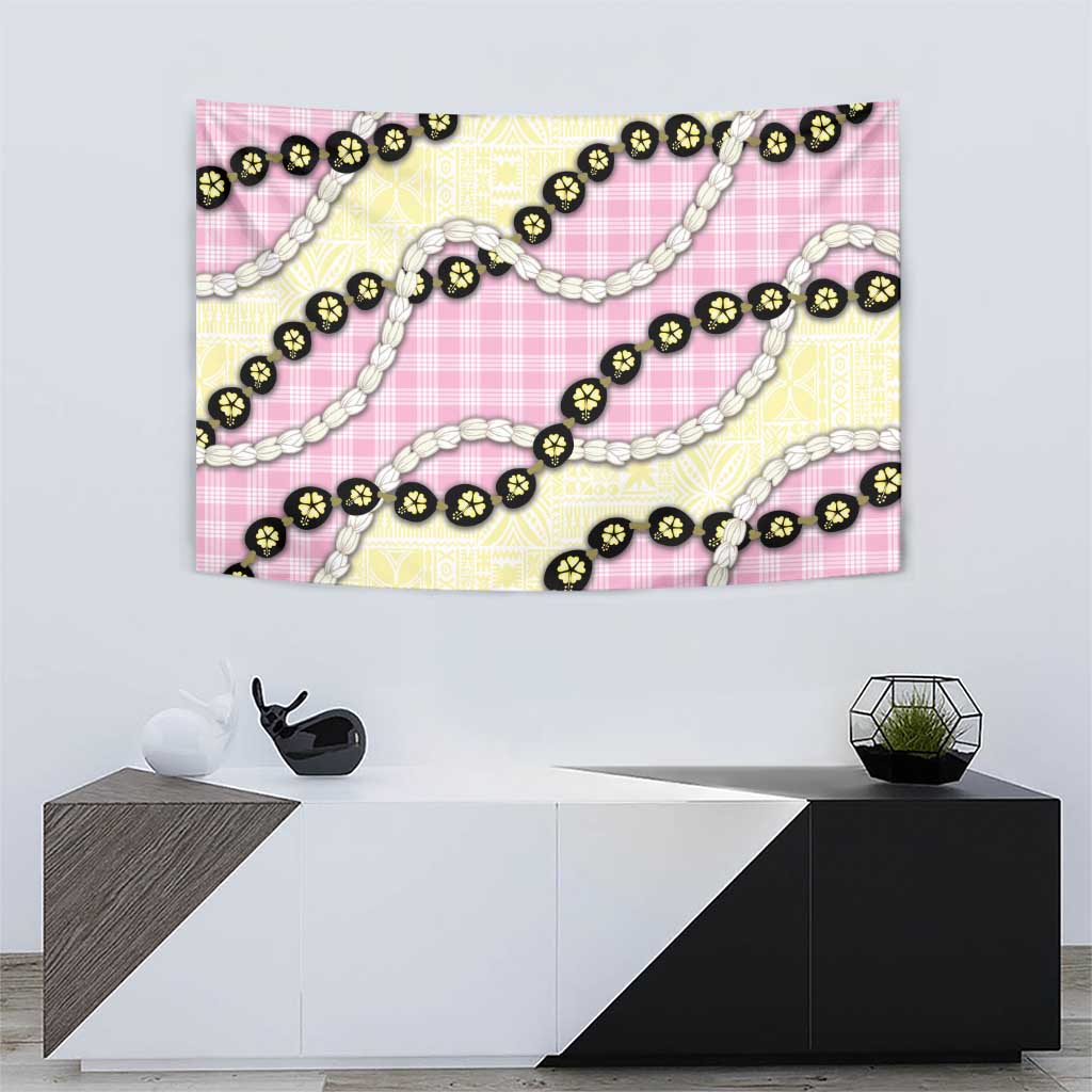 Pink Palaka Hawaii Tapestry Kukui Nut Pikake Lei Hawaiian Tapa Pattern - Polynesian Pride