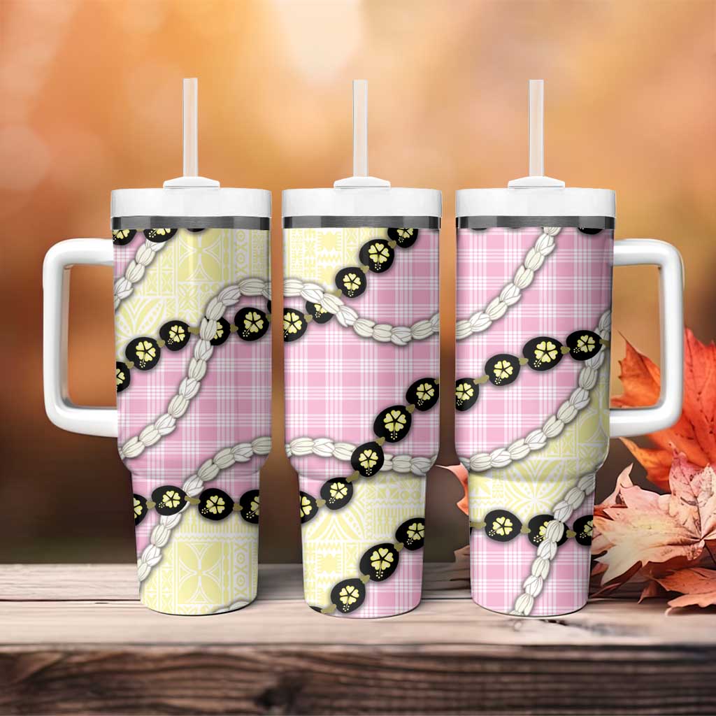 Pink Palaka Hawaii Tumbler With Handle Kukui Nut Pikake Lei Hawaiian Tapa Pattern - Polynesian Pride