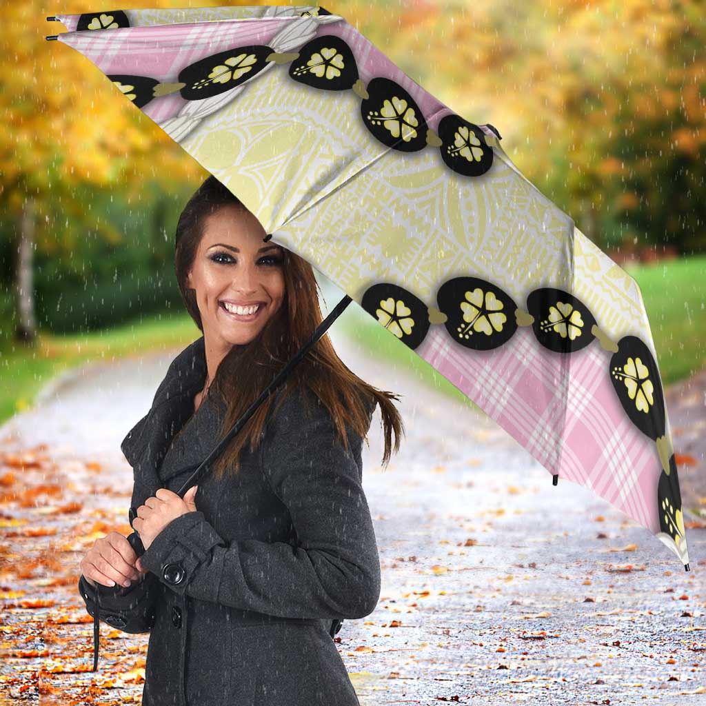 Pink Palaka Hawaii Umbrella Kukui Nut Pikake Lei Hawaiian Tapa Pattern - Polynesian Pride