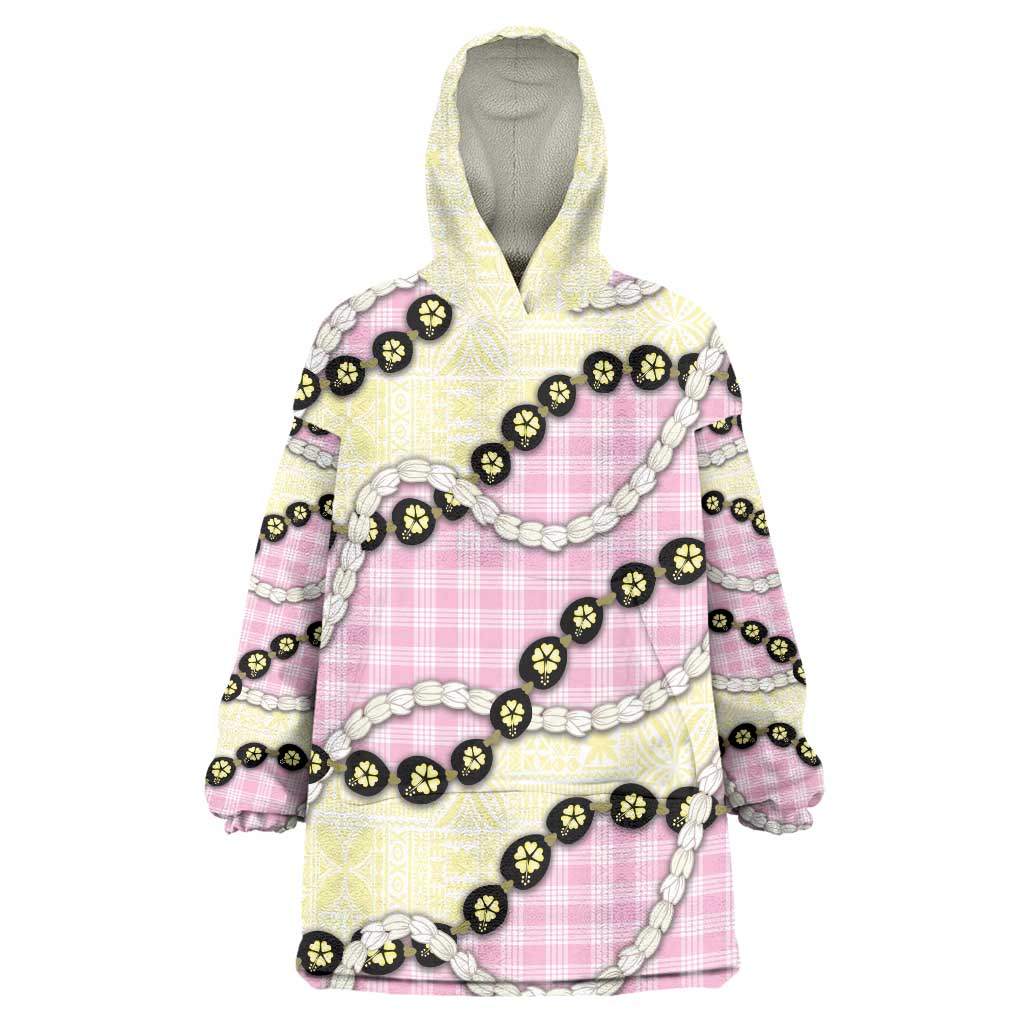 Pink Palaka Hawaii Wearable Blanket Hoodie Kukui Nut Pikake Lei Hawaiian Tapa Pattern - Polynesian Pride
