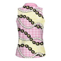 Pink Palaka Hawaii Women Sleeveless Polo Shirt Kukui Nut Pikake Lei Hawaiian Tapa Pattern - Polynesian Pride