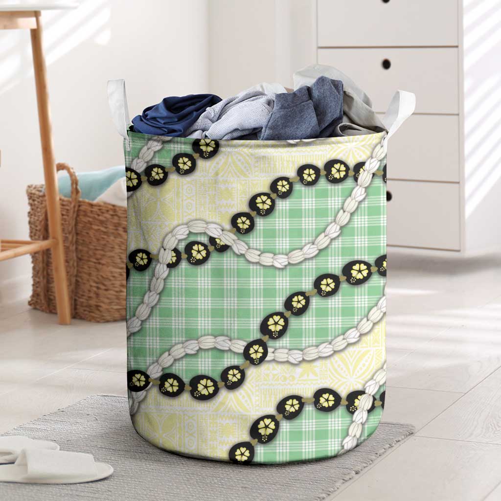 Green Palaka Hawaii Laundry Basket Kukui Nut Pikake Lei Hawaiian Tapa Pattern - Polynesian Pride