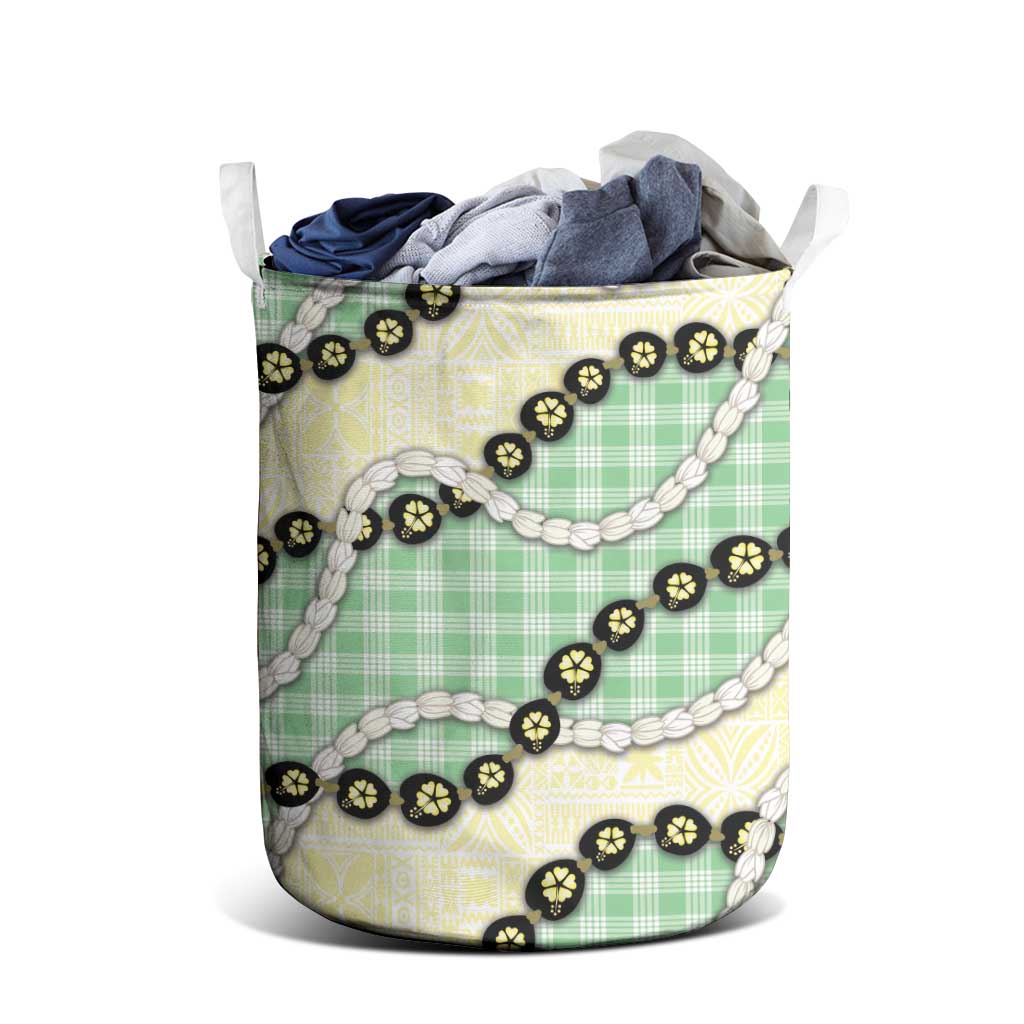 Green Palaka Hawaii Laundry Basket Kukui Nut Pikake Lei Hawaiian Tapa Pattern - Polynesian Pride