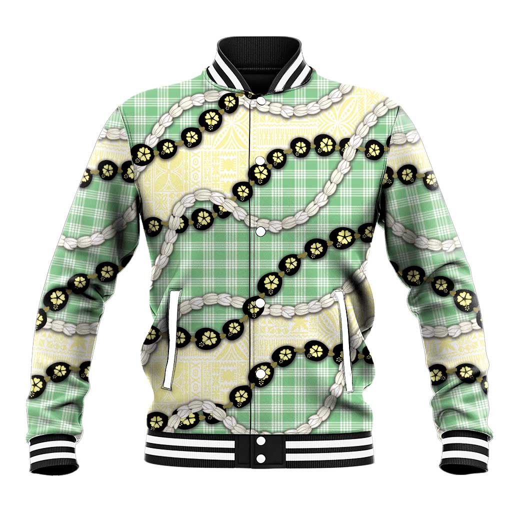 Green Palaka Hawaii Baseball Jacket Kukui Nut Pikake Lei Hawaiian Tapa Pattern - Polynesian Pride