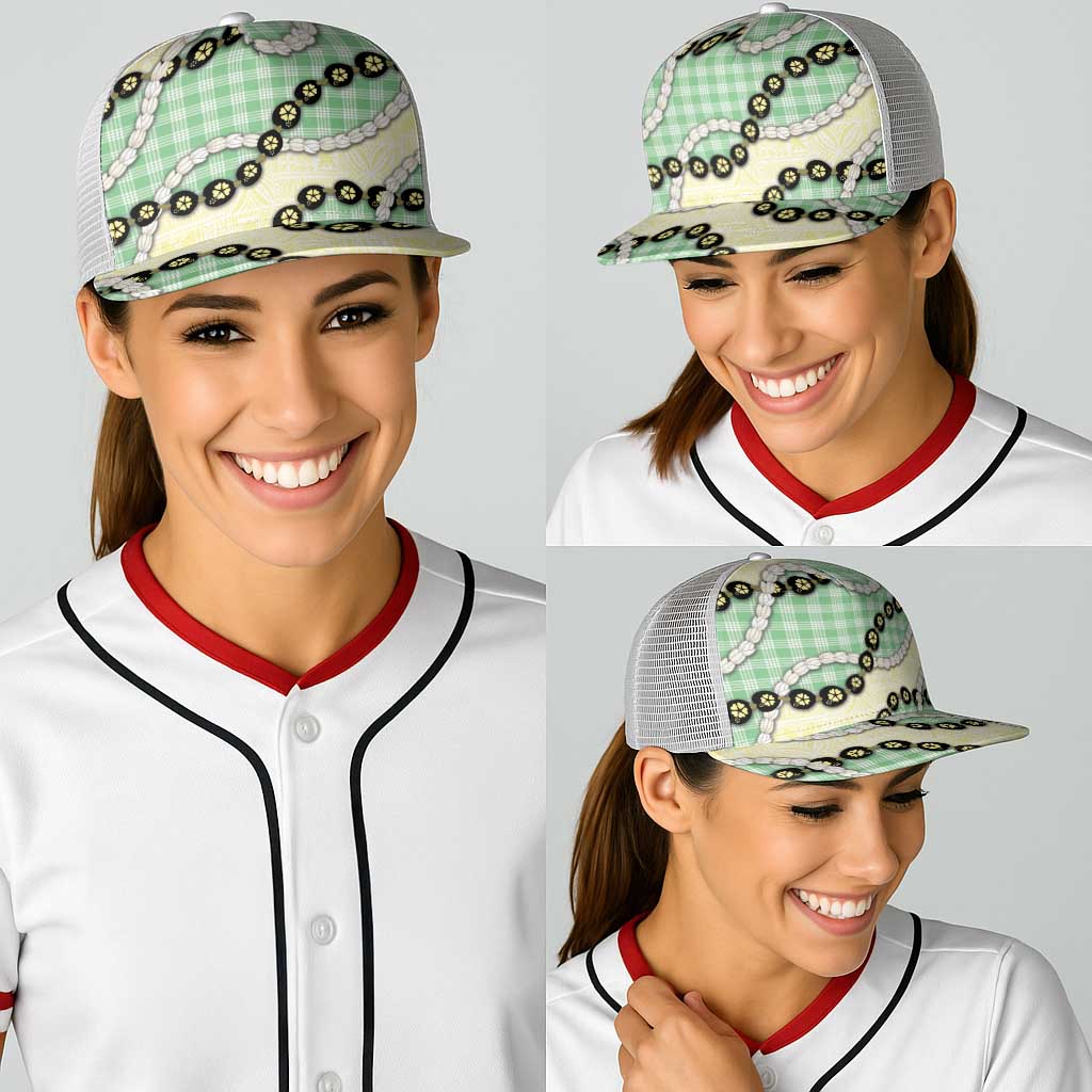 Green Palaka Hawaii Baseball Net Cap Kukui Nut Pikake Lei Hawaiian Tapa Pattern - Polynesian Pride
