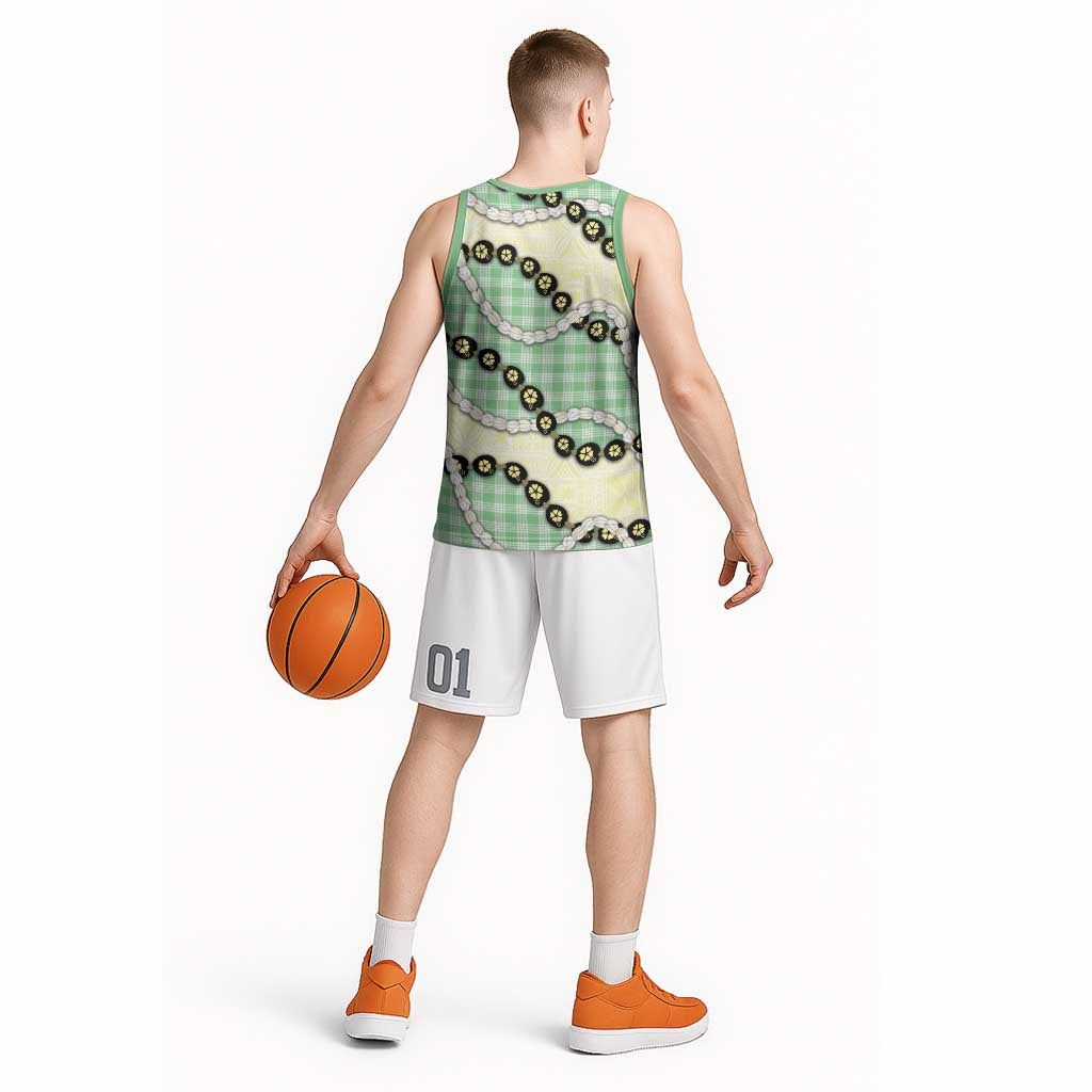Green Palaka Hawaii Basketball Jersey Kukui Nut Pikake Lei Hawaiian Tapa Pattern - Polynesian Pride