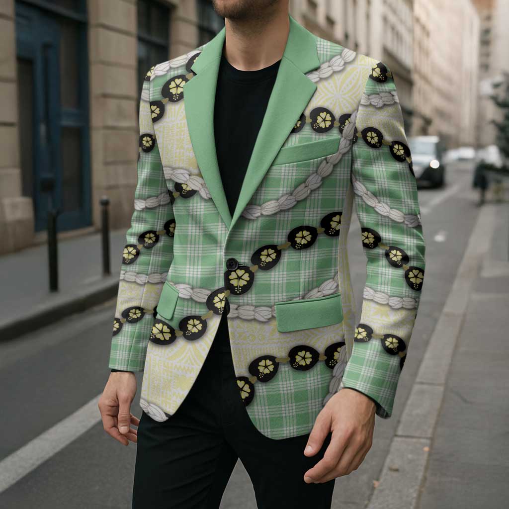 Green Palaka Hawaii Blazer Kukui Nut Pikake Lei Hawaiian Tapa Pattern - Polynesian Pride
