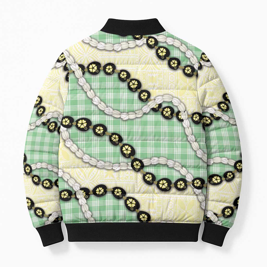 Green Palaka Hawaii Bomber Puffer Jacket Kukui Nut Pikake Lei Hawaiian Tapa Pattern - Polynesian Pride