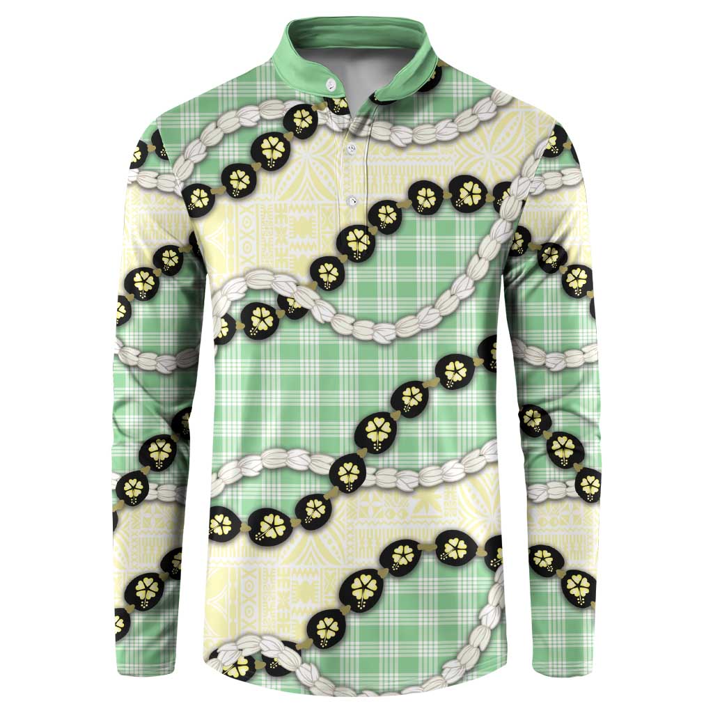 Green Palaka Hawaii Button Sweatshirt Kukui Nut Pikake Lei Hawaiian Tapa Pattern - Polynesian Pride