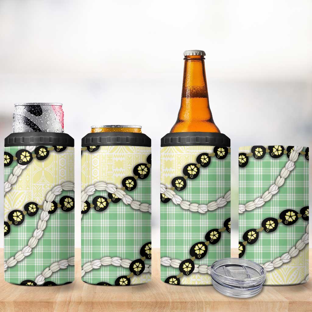 Green Palaka Hawaii 4 in 1 Can Cooler Tumbler Kukui Nut Pikake Lei Hawaiian Tapa Pattern - Polynesian Pride