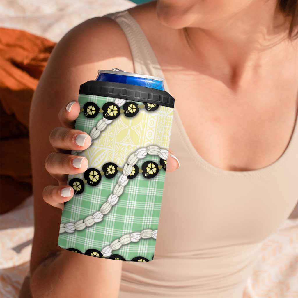 Green Palaka Hawaii 4 in 1 Can Cooler Tumbler Kukui Nut Pikake Lei Hawaiian Tapa Pattern - Polynesian Pride