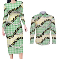 Green Palaka Hawaii Couples Matching Long Sleeve Bodycon Dress and Long Sleeve Button Shirt Kukui Nut Pikake Lei Hawaiian Tapa Pattern - Polynesian Pride