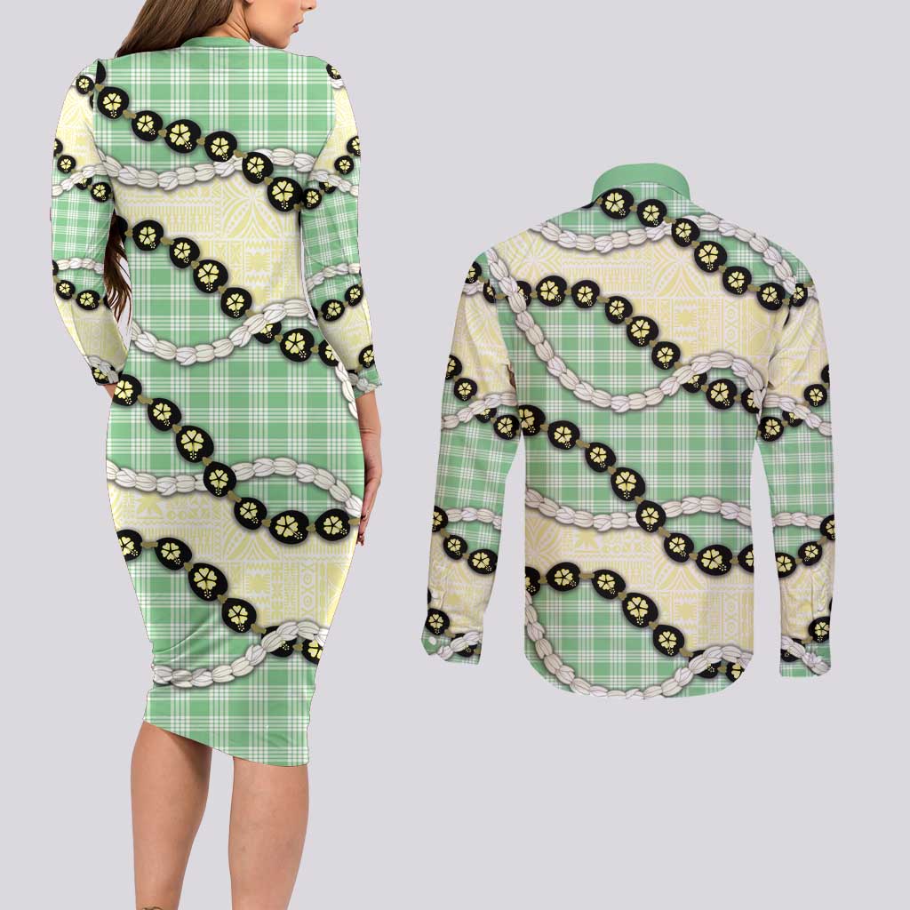 Green Palaka Hawaii Couples Matching Long Sleeve Bodycon Dress and Long Sleeve Button Shirt Kukui Nut Pikake Lei Hawaiian Tapa Pattern - Polynesian Pride