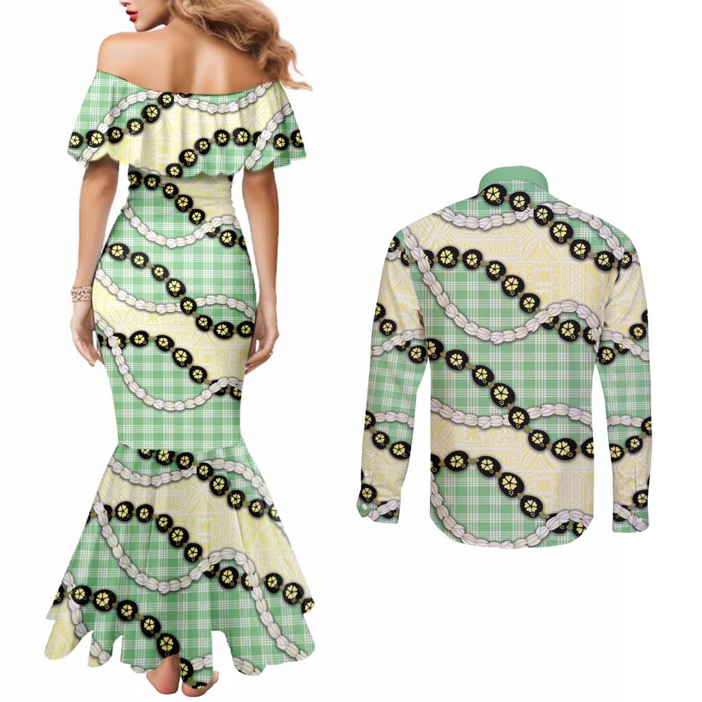 Green Palaka Hawaii Couples Matching Mermaid Dress and Long Sleeve Button Shirt Kukui Nut Pikake Lei Hawaiian Tapa Pattern - Polynesian Pride