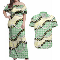 Green Palaka Hawaii Couples Matching Off Shoulder Maxi Dress and Hawaiian Shirt Kukui Nut Pikake Lei Hawaiian Tapa Pattern - Polynesian Pride