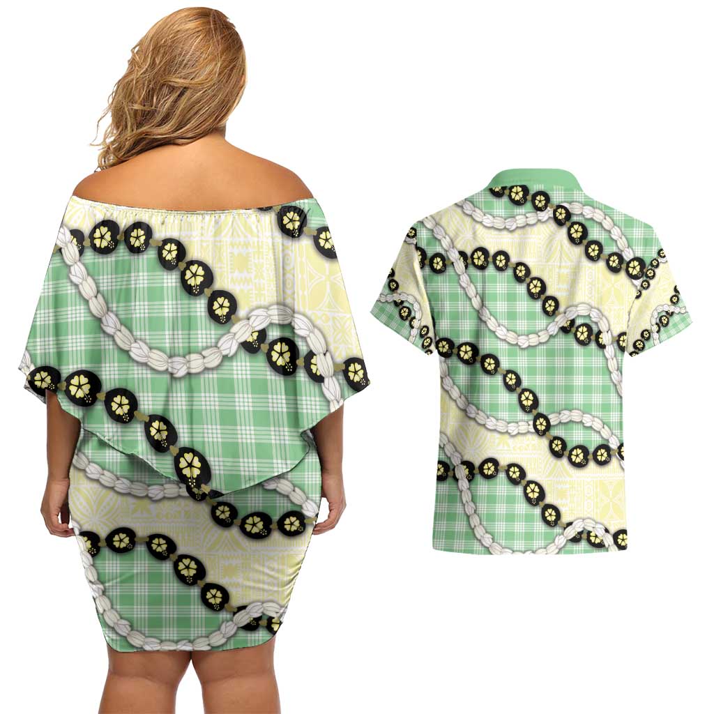 Green Palaka Hawaii Couples Matching Off Shoulder Short Dress and Hawaiian Shirt Kukui Nut Pikake Lei Hawaiian Tapa Pattern - Polynesian Pride
