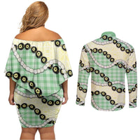 Green Palaka Hawaii Couples Matching Off Shoulder Short Dress and Long Sleeve Button Shirt Kukui Nut Pikake Lei Hawaiian Tapa Pattern - Polynesian Pride