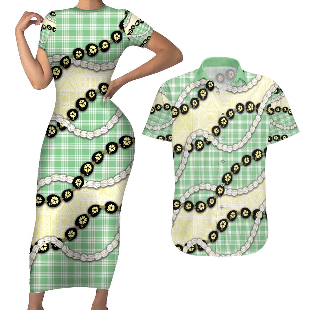 Green Palaka Hawaii Couples Matching Short Sleeve Bodycon Dress and Hawaiian Shirt Kukui Nut Pikake Lei Hawaiian Tapa Pattern - Polynesian Pride