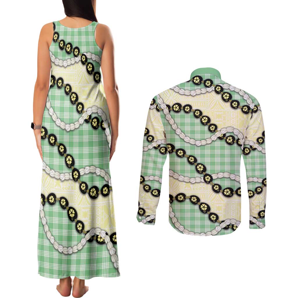 Green Palaka Hawaii Couples Matching Tank Maxi Dress and Long Sleeve Button Shirt Kukui Nut Pikake Lei Hawaiian Tapa Pattern - Polynesian Pride