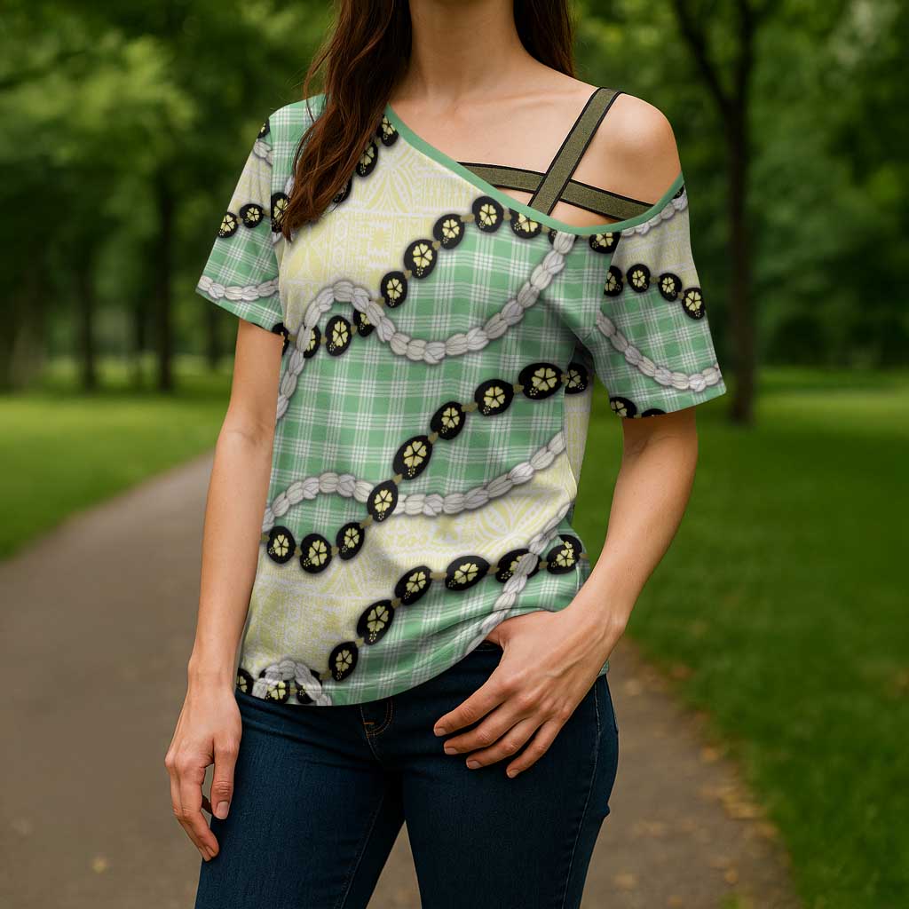Green Palaka Hawaii Cross Shoulder Shirt Kukui Nut Pikake Lei Hawaiian Tapa Pattern - Polynesian Pride