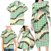 Green Palaka Hawaii Family Matching Long Sleeve Bodycon Dress and Hawaiian Shirt Kukui Nut Pikake Lei Hawaiian Tapa Pattern - Polynesian Pride