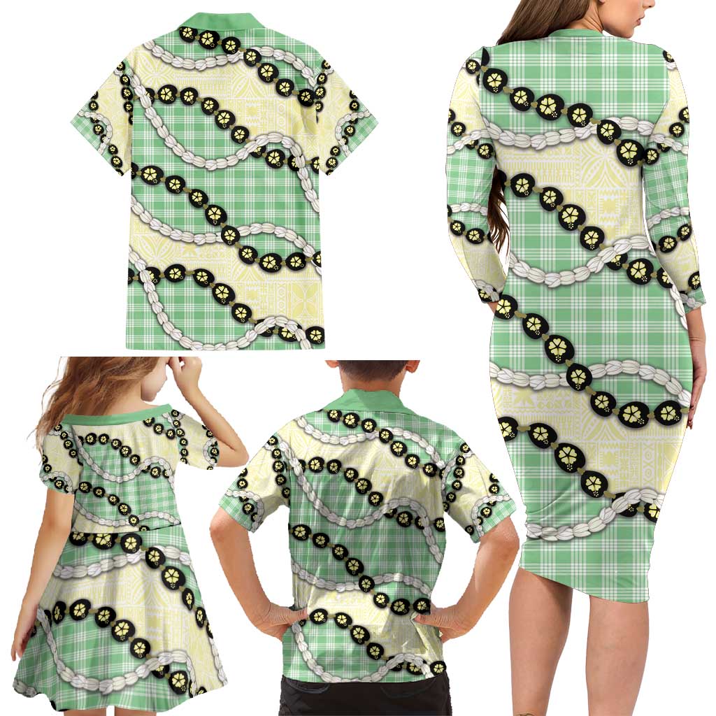 Green Palaka Hawaii Family Matching Long Sleeve Bodycon Dress and Hawaiian Shirt Kukui Nut Pikake Lei Hawaiian Tapa Pattern - Polynesian Pride
