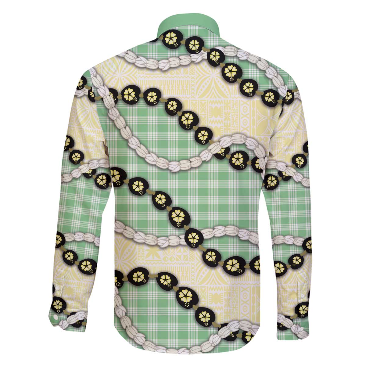 Green Palaka Hawaii Family Matching Off The Shoulder Long Sleeve Dress and Hawaiian Shirt Kukui Nut Pikake Lei Hawaiian Tapa Pattern - Polynesian Pride