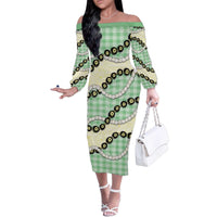 Green Palaka Hawaii Family Matching Off The Shoulder Long Sleeve Dress and Hawaiian Shirt Kukui Nut Pikake Lei Hawaiian Tapa Pattern - Polynesian Pride