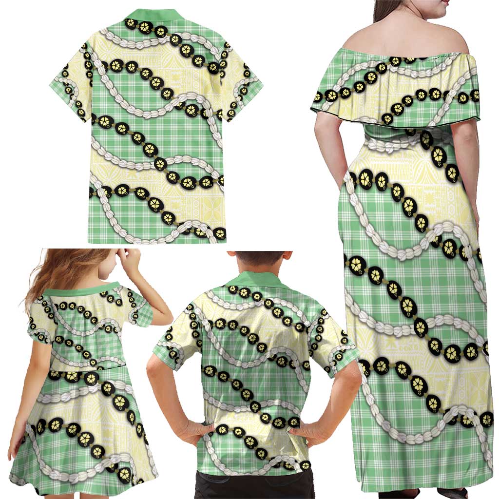 Green Palaka Hawaii Family Matching Off Shoulder Maxi Dress and Hawaiian Shirt Kukui Nut Pikake Lei Hawaiian Tapa Pattern - Polynesian Pride