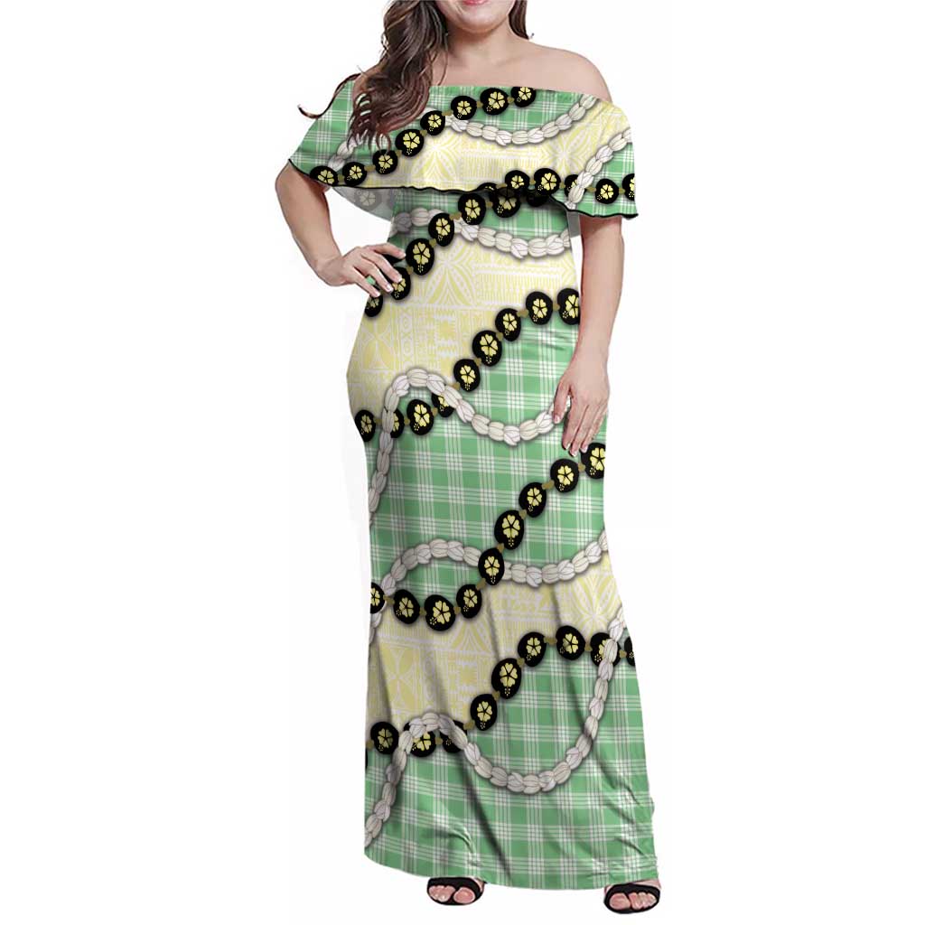 Green Palaka Hawaii Family Matching Off Shoulder Maxi Dress and Hawaiian Shirt Kukui Nut Pikake Lei Hawaiian Tapa Pattern - Polynesian Pride