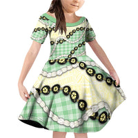 Green Palaka Hawaii Family Matching Off Shoulder Short Dress and Hawaiian Shirt Kukui Nut Pikake Lei Hawaiian Tapa Pattern - Polynesian Pride