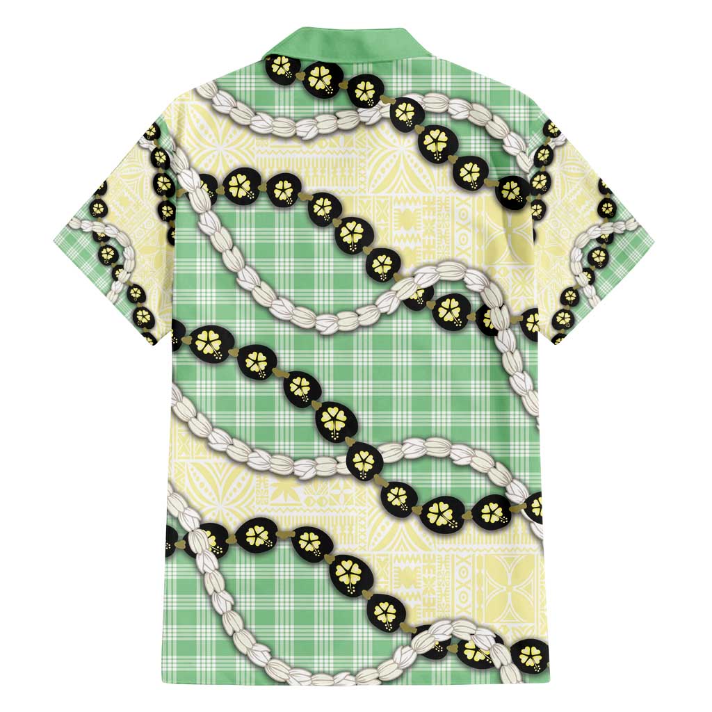 Green Palaka Hawaii Family Matching Off Shoulder Short Dress and Hawaiian Shirt Kukui Nut Pikake Lei Hawaiian Tapa Pattern - Polynesian Pride