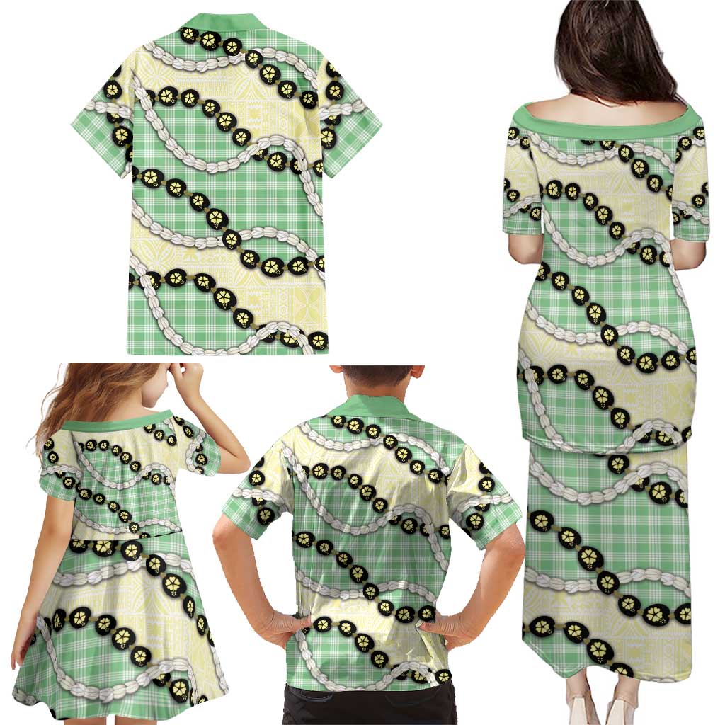 Green Palaka Hawaii Family Matching Puletasi and Hawaiian Shirt Kukui Nut Pikake Lei Hawaiian Tapa Pattern LT14 - Polynesian Pride